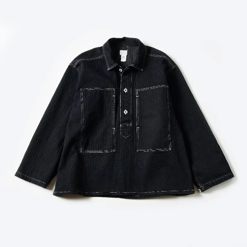 Smart Casual Button-Down Shirt for Semi-Formal Events-#1204-HBB ARMY Shirt : herringbone denim black