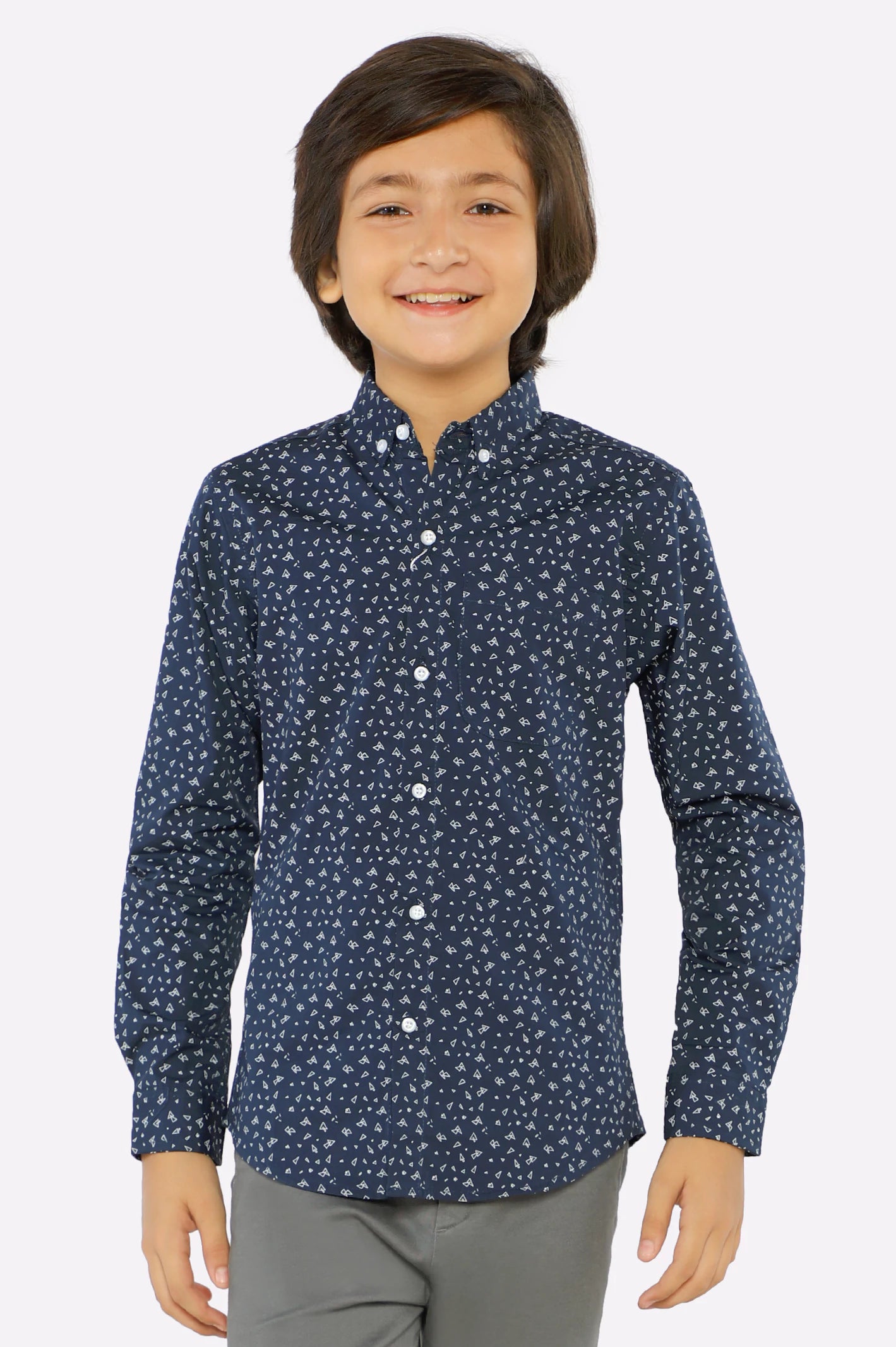 Preppy Button-Down Shirt with Embroidered Logo-All Over Printed Casual Shirt