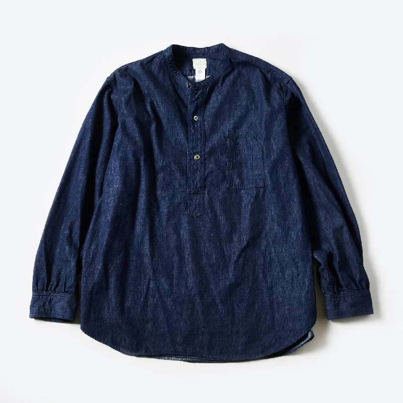 Breathable Button-Down Shirt for Warm Days-#1203-LDI Band Collar Shirt : light denim indigo