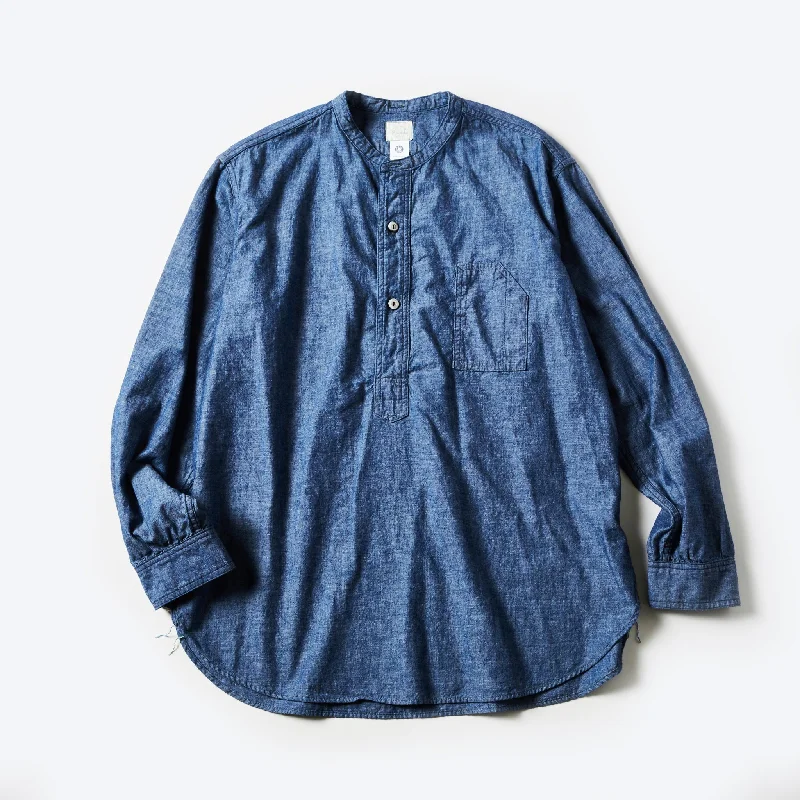 Patterned Button-Down Shirt for Standout Style-#1203-CC Band Collar Shirt : classic chambray indigo