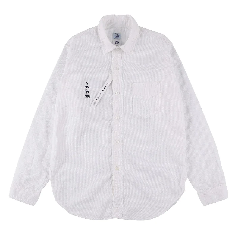 Trendy Sheer Button-Down Shirt for Fashion-Forward Style-Post O'Alls x Mountain Research animal embroidery shirt : white cotton waffle "Dead Stock"