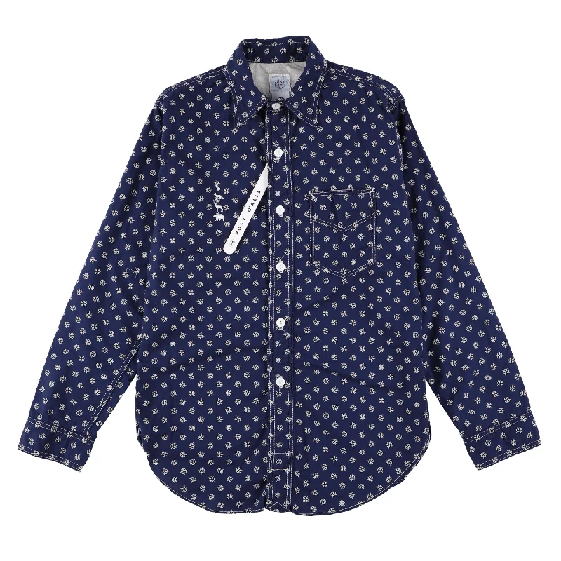 Button-Down Shirt with Subtle Print for Elegant Look-Post O'Alls x Mountain Research animal embroidery shirt : navy calico "Dead Stock"