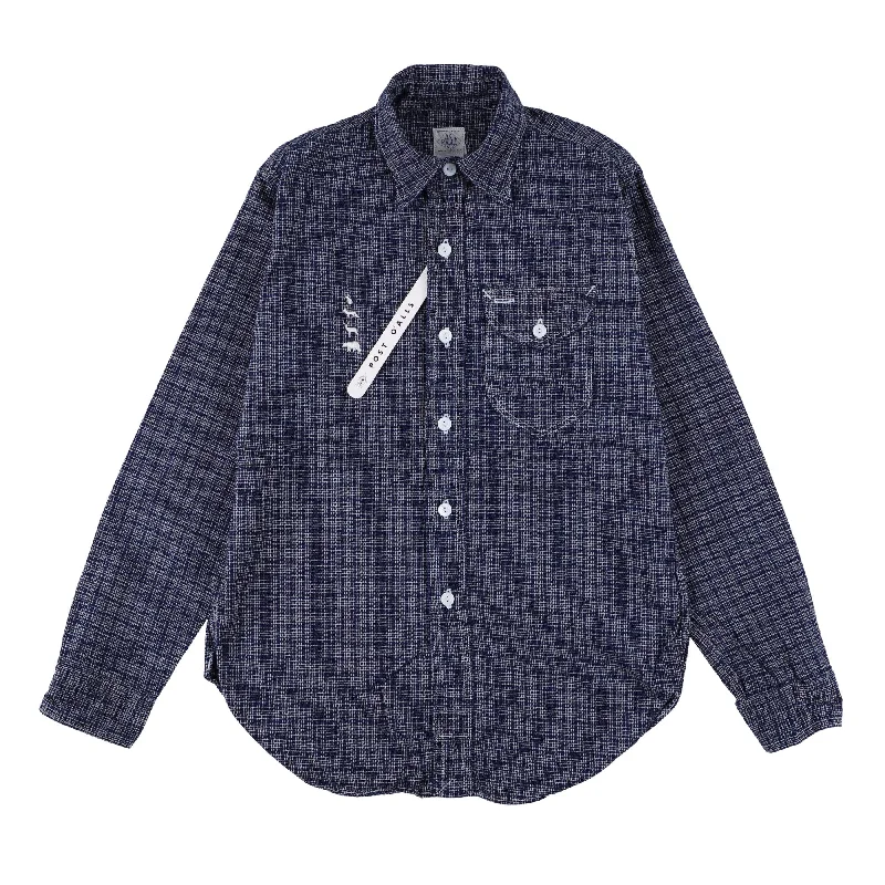 Easy-Wash Button-Down Shirt for Effortless Care-Post O'Alls x Mountain Research animal embroidery shirt : navy x white check "Dead Stock"