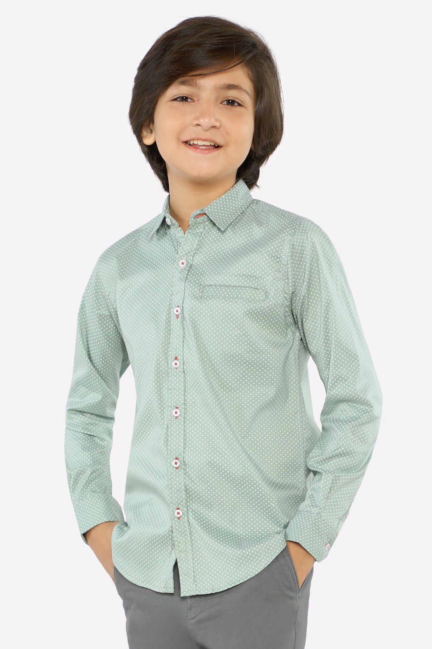 Classic Tan Button-Down Shirt for Everyday Wear-Green Dot Textured Casual Shirt