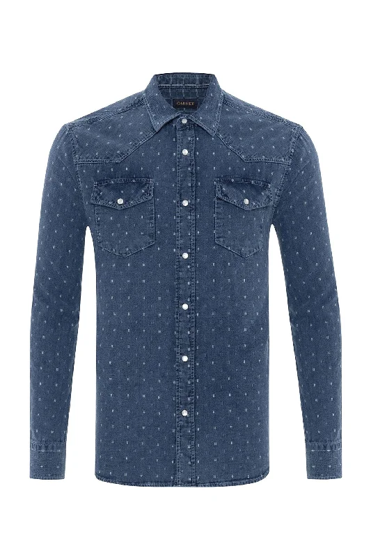 Comfortable Knit Button-Down Shirt for Relaxed Fit-Jacquard Denim Shirt