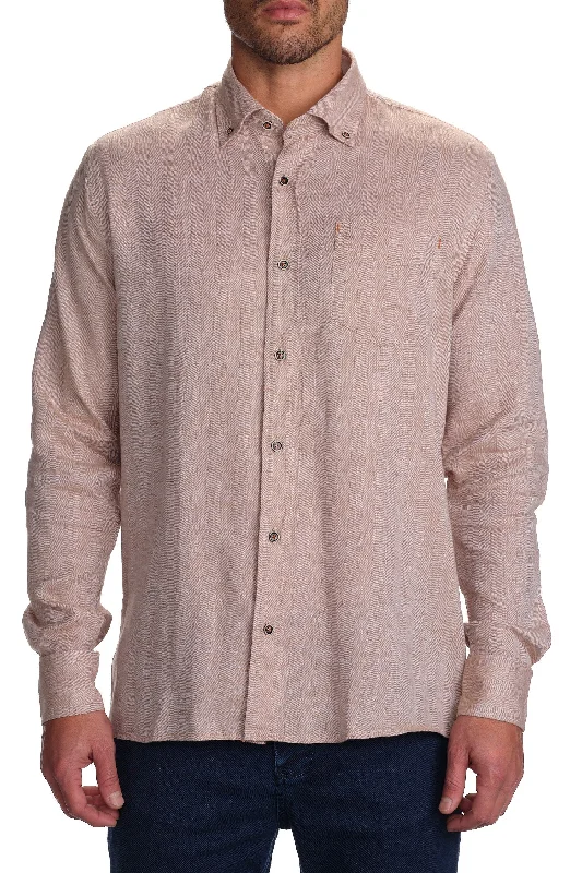 Comfortable Button-Down Shirt for Work Days-Herringbone Linen Blend Shirt