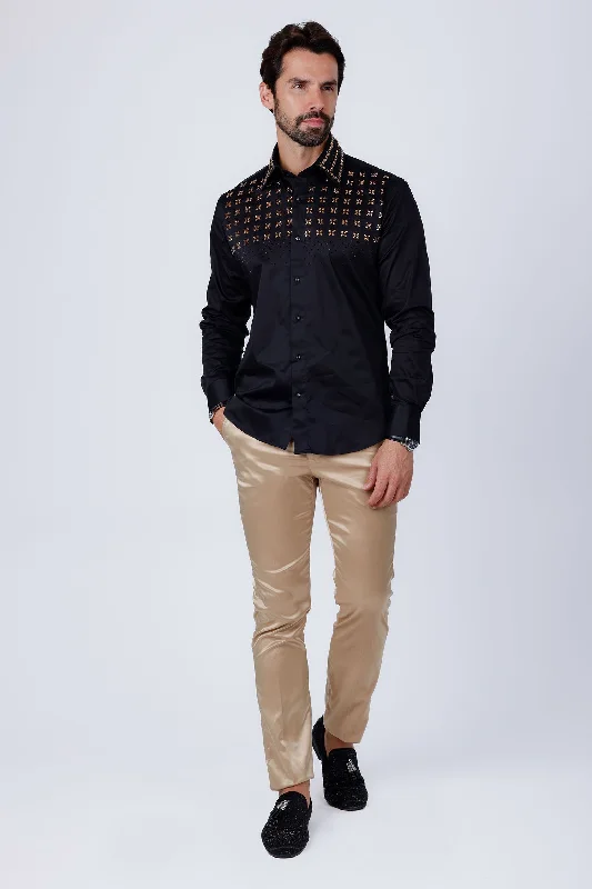 Crisp Button-Down Shirt for Polished Appearance-Velcia Rhinestone Long Sleeve Shirt