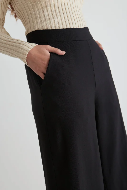 High-Waisted Pants for Elegant Styling-Effortless Black Viscose Deep Band Wide Leg Pant