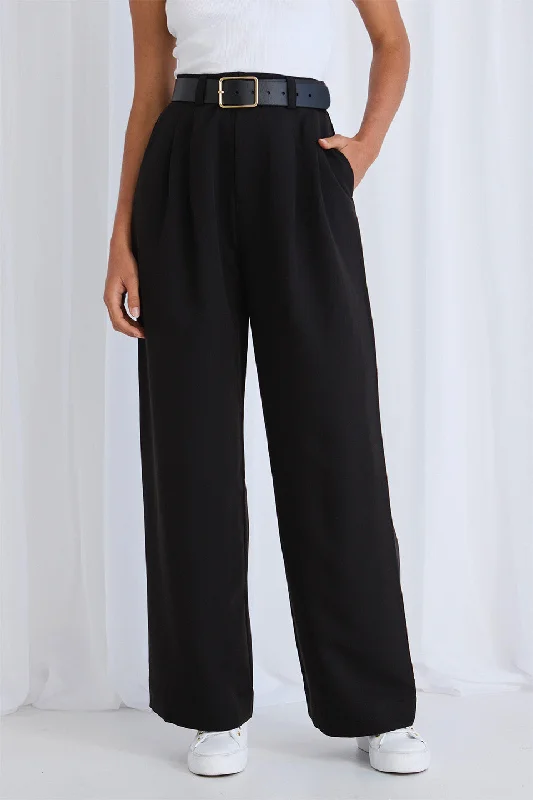 Stylish Leather Pants for Bold Fashion-Vice Black Pleat Front Manstyle Wide Leg Pant