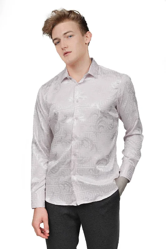 Relaxed Casual Button-Down Shirt for Weekend Comfort-GREEK KEY JACQUARD Long Sleeve Shirt