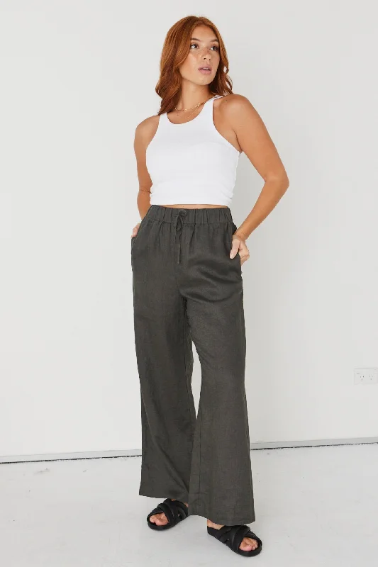 Soft Linen Pants for Relaxed Summer Days-Resort Dark Olive Linen Wide Leg Elastic Waist Pant