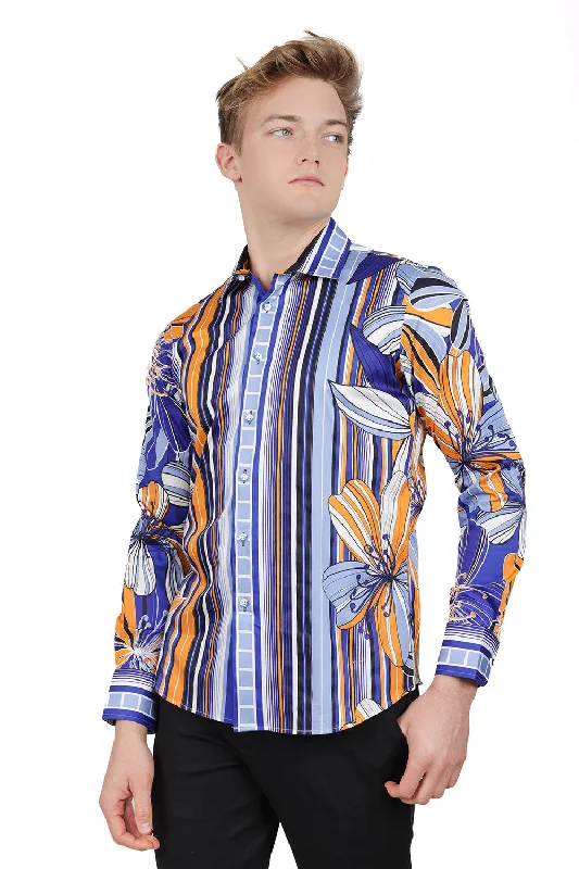 Smart Fitted Button-Down Shirt for Sleek Silhouette-STRIPE FLORAL Long Sleeve Shirt