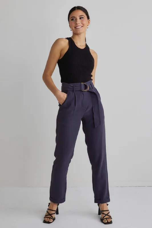 Versatile Cargo Pants for Utility and Style-Pierre Navy Soft Viscose Tapered Leg Belted Pant