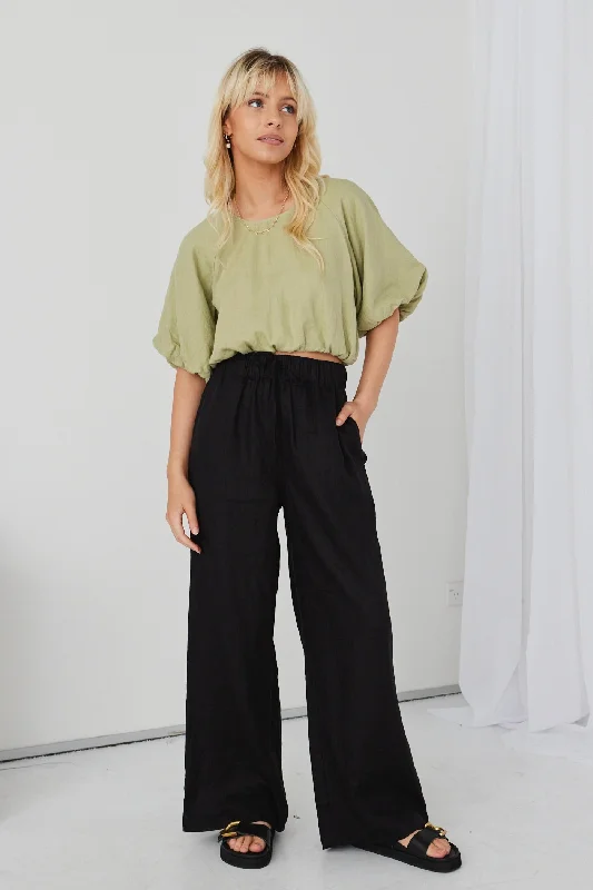 Custom Denim Pants for Unique Personal Style-Resort Black Linen Wide Leg Elastic Waist Pant