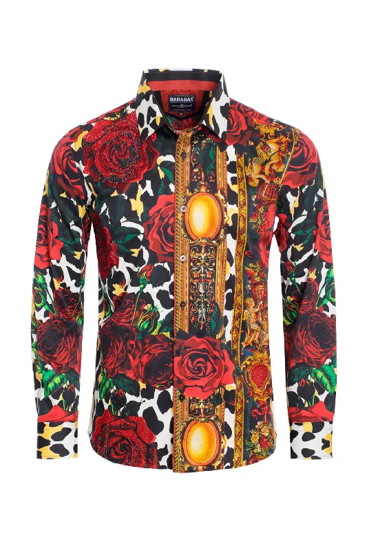 Comfortable Performance Button-Down Shirt for Active Days-ROSES AND THORNS Rhinestone Long Sleeve Shirt