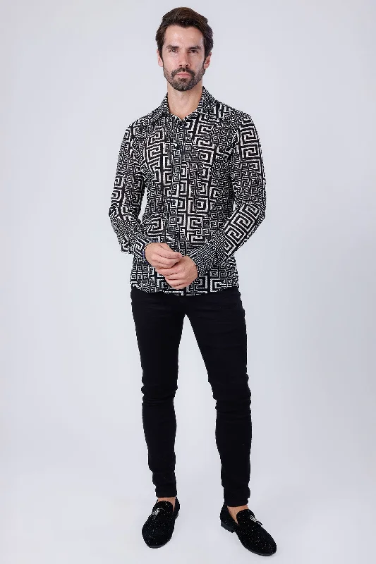 Comfortable Elastic Button-Down Shirt for Flexibility-Mykonos Greek Key Pattern Long Sleeve Shirt