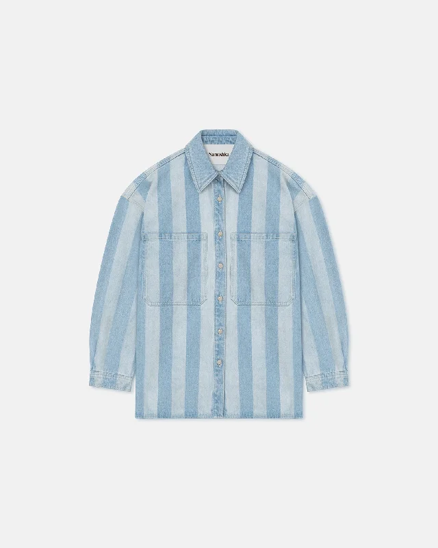 Tailored Fit Button-Down Shirt for Perfect Silhouette-Beaux - Striped Denim Long-Sleeve Shirt - Eco Light Wash