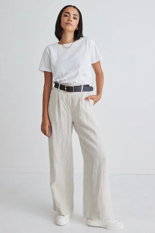 Classic Chino Pants for Casual Looks-Island Natural Linen Pleat Front Wide Leg Pant