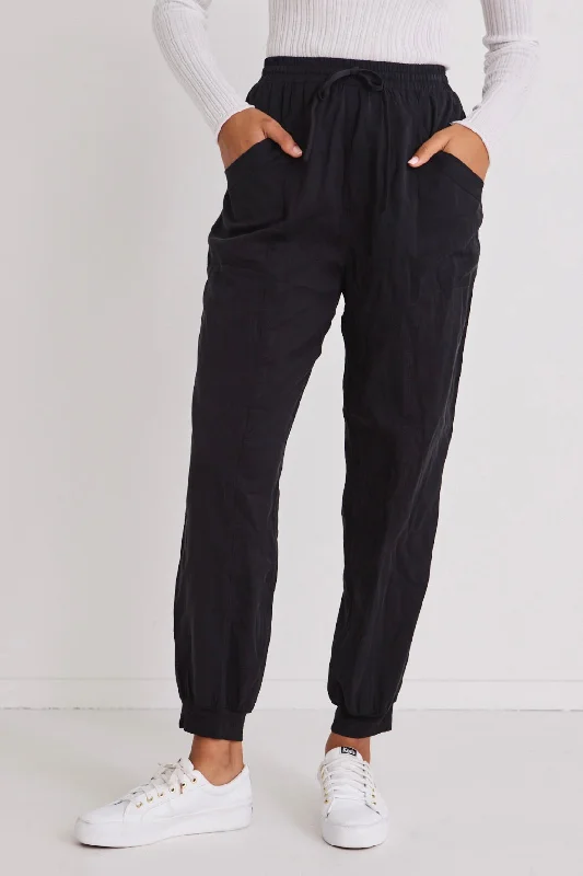 Lightweight Summer Pants for Hot Weather-New Warrior Black Relaxed Drapey Drawstring Stretch Cuff Pant