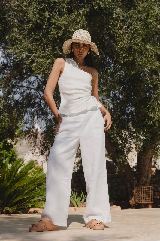 Comfortable Cotton Pants for Daily Wear-Guardian White Linen Viscose Pleat Front Wide Leg Pant