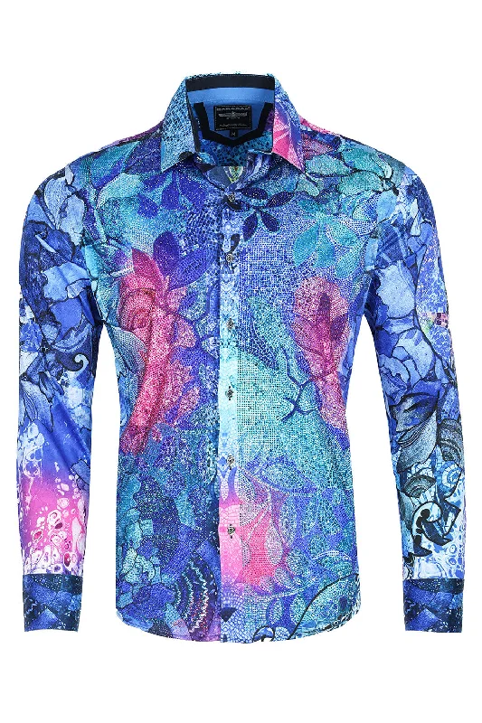 Trendy Floral Button-Down Shirt for Summer Vibes-Roma Peacock Rhinestone Long Sleeve Shirt