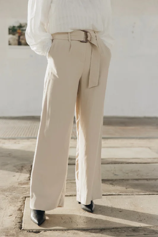 Comfortable Maternity Pants for Expecting Mothers-Fearless Sand Dune Pleat Front High Waist Belted Wide Leg Pant