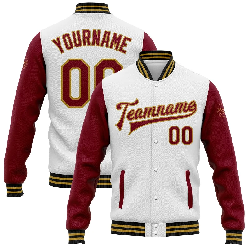 Fashionable Fleece-Lined Zip Jacket for Cold Days-Custom White Crimson Old Gold-Black Bomber Full-Snap Varsity Letterman Two Tone Jacket