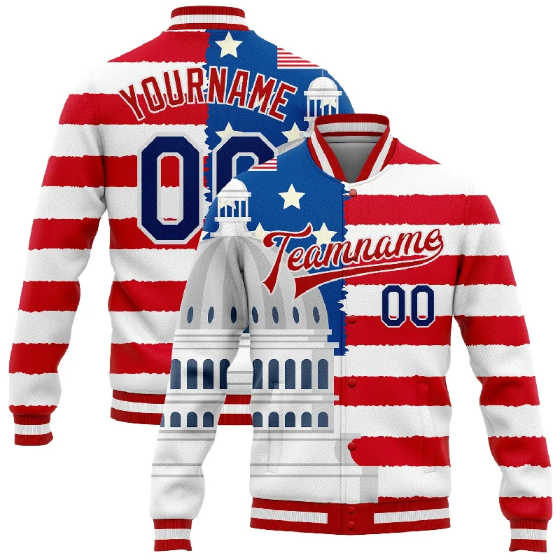 Warm Cashmere Coat Jacket for Luxurious Comfort-Custom White US Navy Blue Red-Royal American Flag Fashion United States Congress Building 3D Pattern Design Bomber Full-Snap Varsity Letterman Jacket