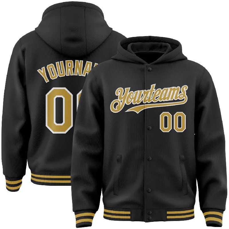 Stylish Hoodie with Printed Designs-Custom Black Old Gold-White Bomber Full-Snap Varsity Letterman Hoodie Jacket