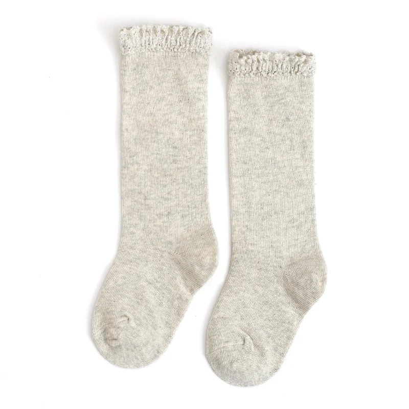 Cozy Cabin Socks for Relaxing by the Fire-Heathered Ivory Lace Top Knee High Socks