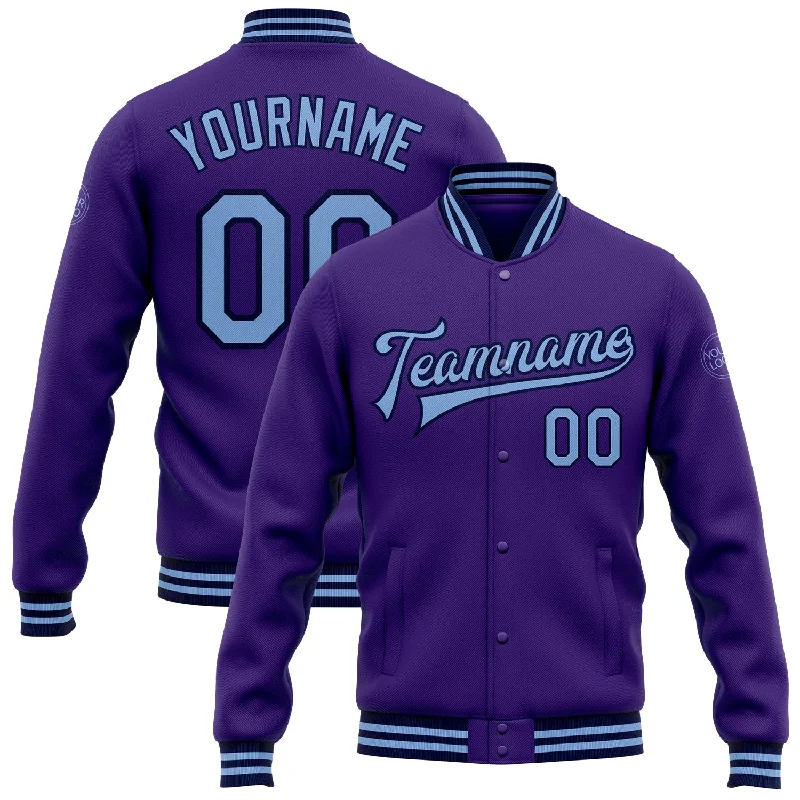 Packable Travel Jacket for On-the-Go Comfort-Custom Purple Light Blue-Navy Bomber Full-Snap Varsity Letterman Jacket