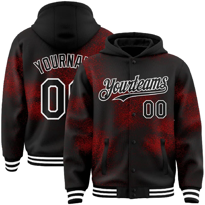 Customizable Hoodie for Personalized Gifts-Custom Black Red-White Abstract Network 3D Pattern Design Bomber Full-Snap Varsity Letterman Hoodie Jacket