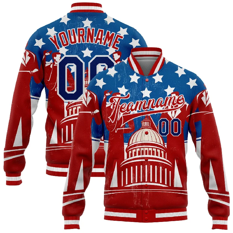 Classic Wool Coat Jacket for Timeless Style-Custom Red US Navy Blue-Royal American Flag Fashion United States Congress Building 3D Pattern Design Bomber Full-Snap Varsity Letterman Jacket