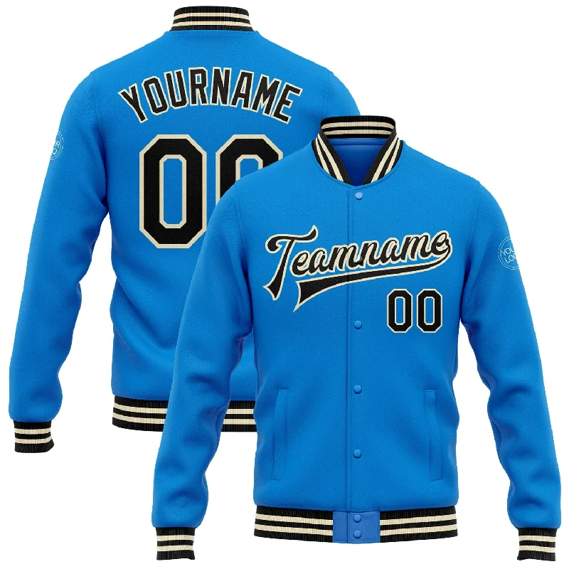 Lightweight Windbreaker Jacket for Outdoor Fun-Custom Powder Blue Black-Cream Bomber Full-Snap Varsity Letterman Jacket