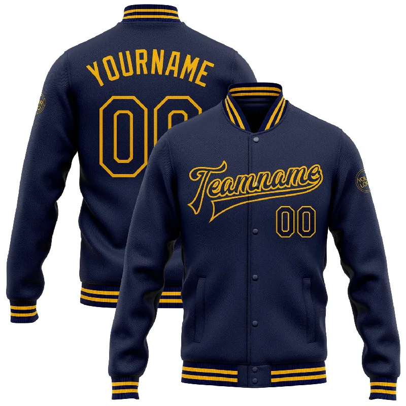 Fleece-Lined Winter Jacket for Extra Warmth-Custom Navy Gold Bomber Full-Snap Varsity Letterman Jacket