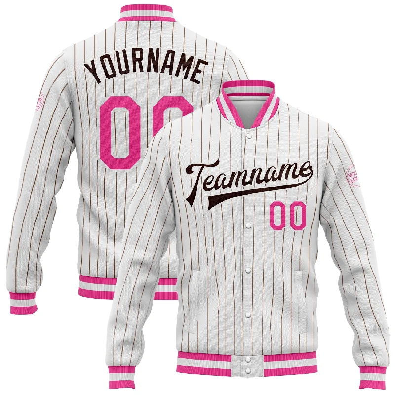 Trendy Wool Blend Jacket for Cold Weather-Custom White Brown Pinstripe Pink Bomber Full-Snap Varsity Letterman Jacket