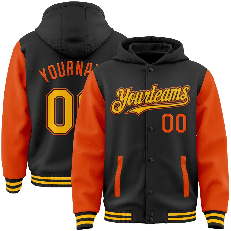 Cozy Hoodie for Cold Winter Days-Custom Black Gold-Orange Bomber Full-Snap Varsity Letterman Two Tone Hoodie Jacket