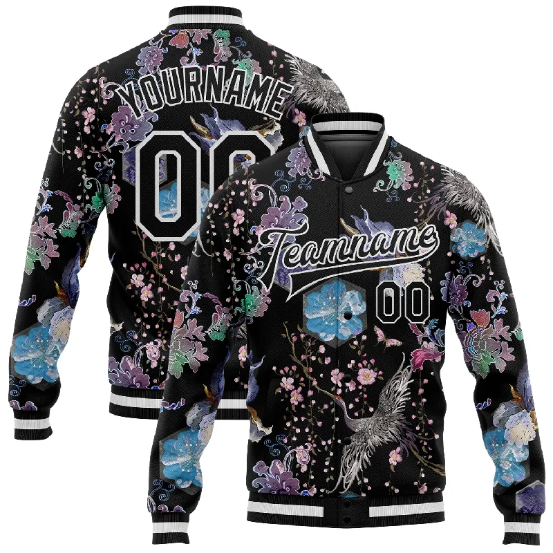 Lightweight Windbreaker Jacket for Outdoor Fun-Custom Black White Heron And Flower 3D Pattern Design Bomber Full-Snap Varsity Letterman Jacket