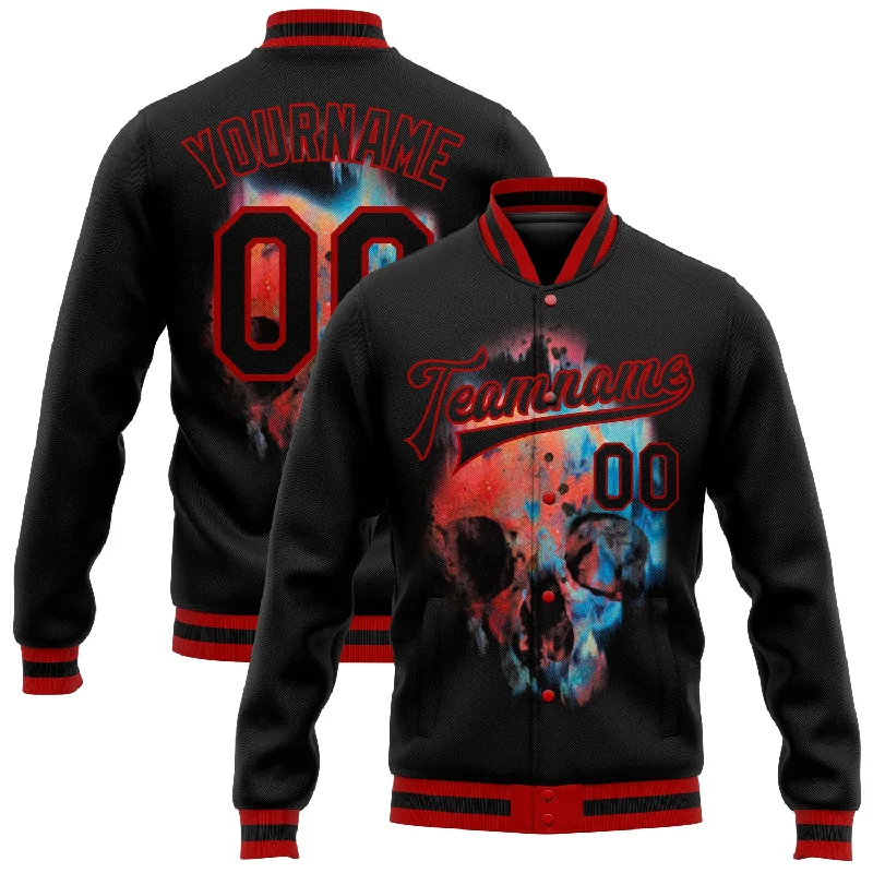 Trendy Hooded Puffer Jacket for Winter Fashion-Custom Black Red Skull Fashion 3D Bomber Full-Snap Varsity Letterman Jacket