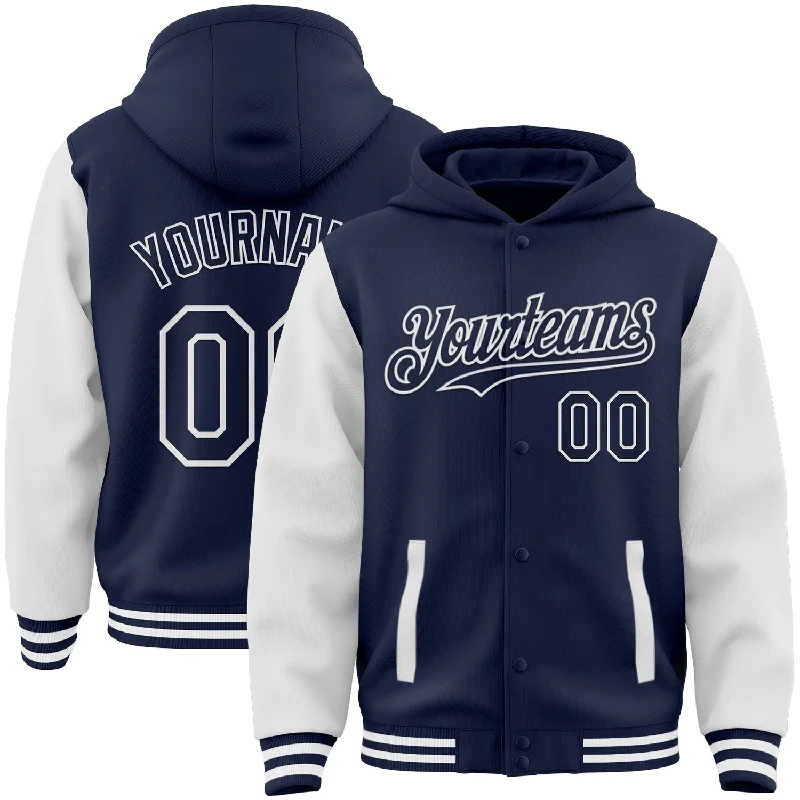 Trendy Pullover Hoodie for Effortless Style-Custom Navy White Bomber Full-Snap Varsity Letterman Two Tone Hoodie Jacket