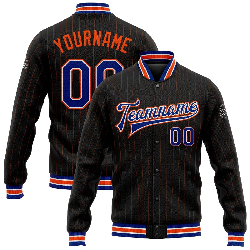 Fashionable Fleece-Lined Zip Jacket for Cold Days-Custom Black Orange Pinstripe Royal-White Bomber Full-Snap Varsity Letterman Jacket