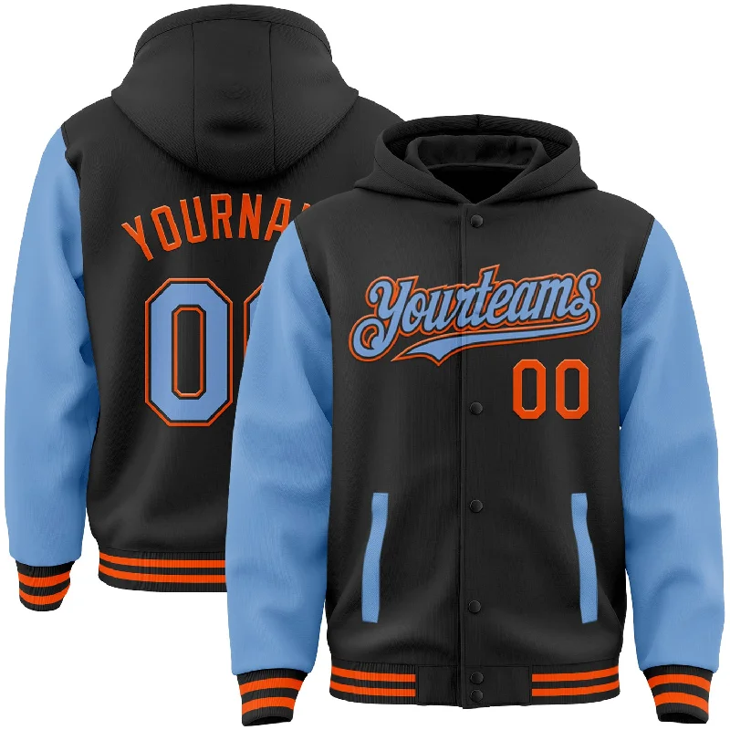 Relaxed Fit Hoodie for Lounge Wear-Custom Black Light Blue-Orange Bomber Full-Snap Varsity Letterman Two Tone Hoodie Jacket