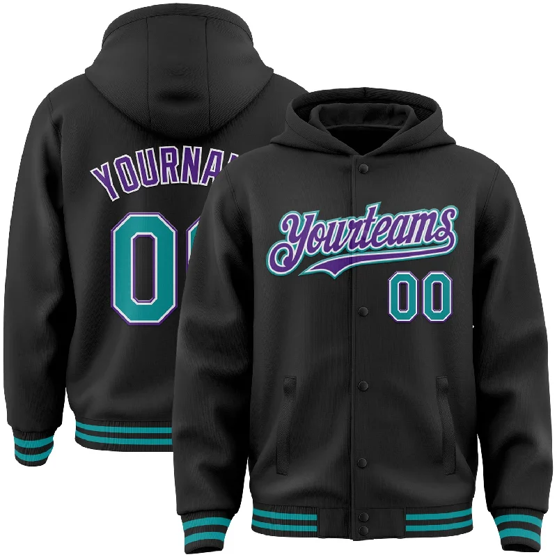 Relaxed Fit Hoodie for Lounge Wear-Custom Black Teal-Purple Bomber Full-Snap Varsity Letterman Hoodie Jacket