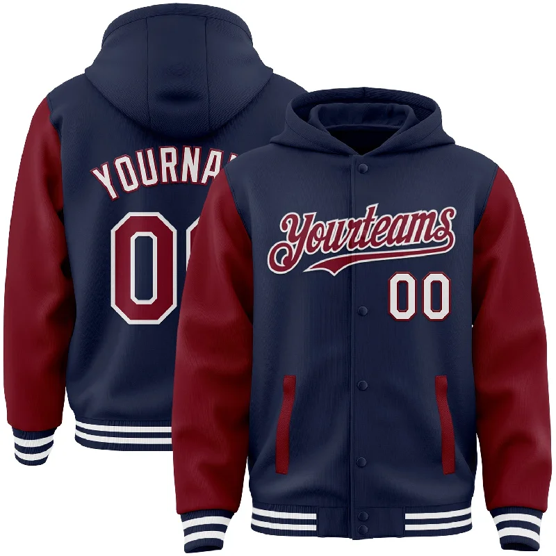 Soft Hoodie for Post-Workout Relaxation-Custom Navy Crimson-White Bomber Full-Snap Varsity Letterman Two Tone Hoodie Jacket