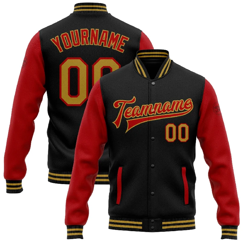 Slim Fit Puffer Jacket for Stylish Winter Wear-Custom Black Old Gold-Red Bomber Full-Snap Varsity Letterman Two Tone Jacket