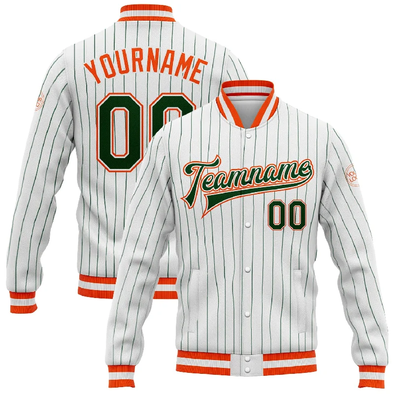 Minimalist Leather Jacket for Simple Chic-Custom White Green Pinstripe Orange Bomber Full-Snap Varsity Letterman Jacket