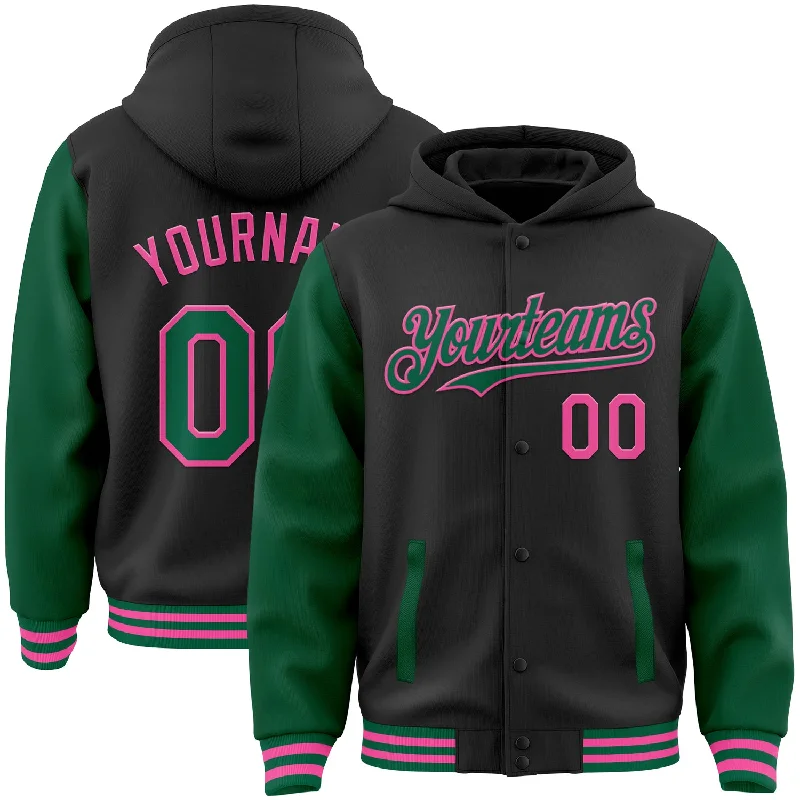 Vintage-Inspired Hoodie for Retro Vibes-Custom Black Kelly Green-Pink Bomber Full-Snap Varsity Letterman Two Tone Hoodie Jacket