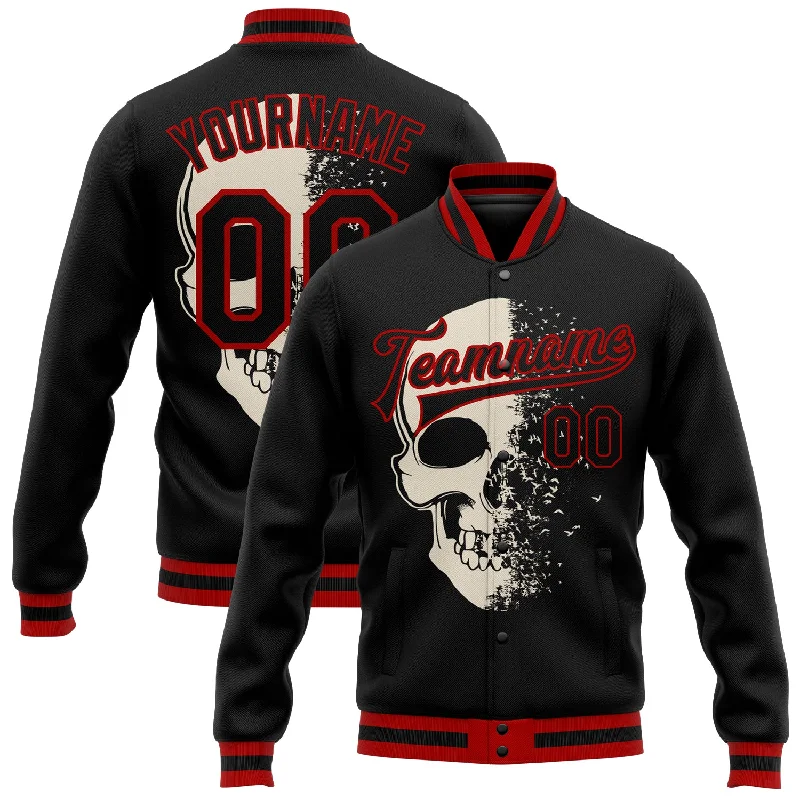 Fashionable Outdoor Jacket for Adventure Lovers-Custom Black Red Skull Fashion 3D Bomber Full-Snap Varsity Letterman Jacket