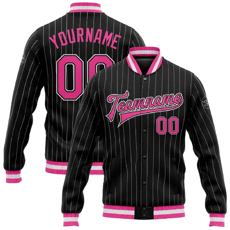 Trendy Shacket Jacket for Fashion Layering-Custom Black White Pinstripe Pink Bomber Full-Snap Varsity Letterman Jacket