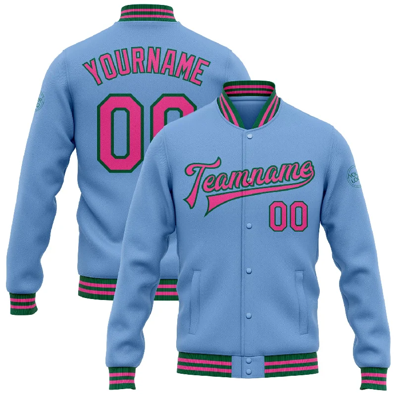 Light Windproof Jacket for Outdoor Adventures-Custom Light Blue Pink-Kelly Green Bomber Full-Snap Varsity Letterman Jacket